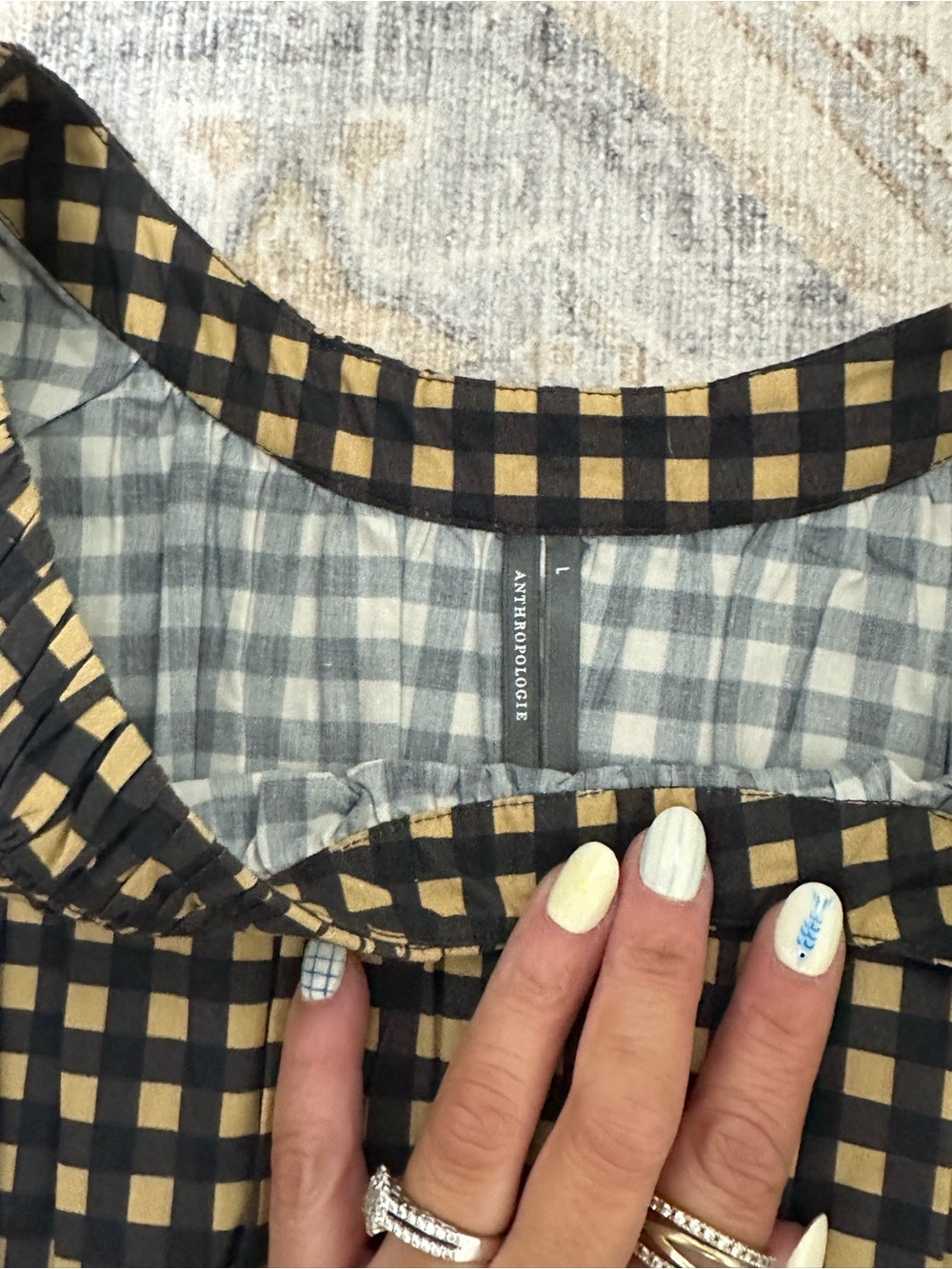 Anthropologie Smocked Waist Black and Tan Check Peplum Blouse - Women Tops - Picture 7 of 7